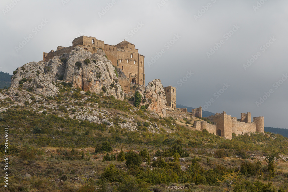View to the medieval castle Loarre in Aragon province, Spain