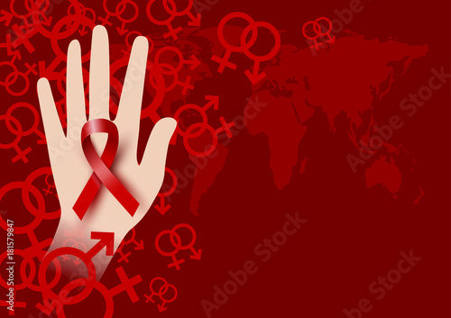 World aids day design of red ribbon on hand with sex symbol vector illustration