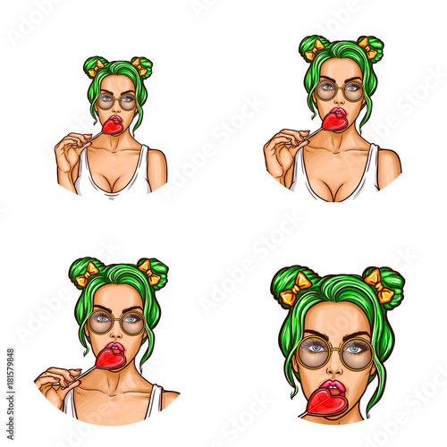 Set of vector pop art round avatar icons for users of social networking, blogs, profile icons. Young girl sucks a red lollipop in the shape of a heart