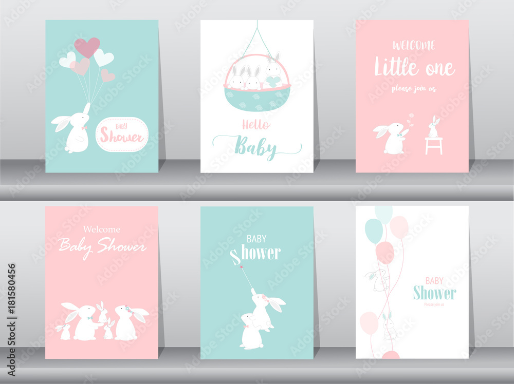 Set of baby shower invitations cards, poster, greeting, template, animals, rabbit,cute vector,Vector illustrations Set of baby shower invitations cards, poster, greeting, template, animals, rabbit,cute vector,Vector illustrations
