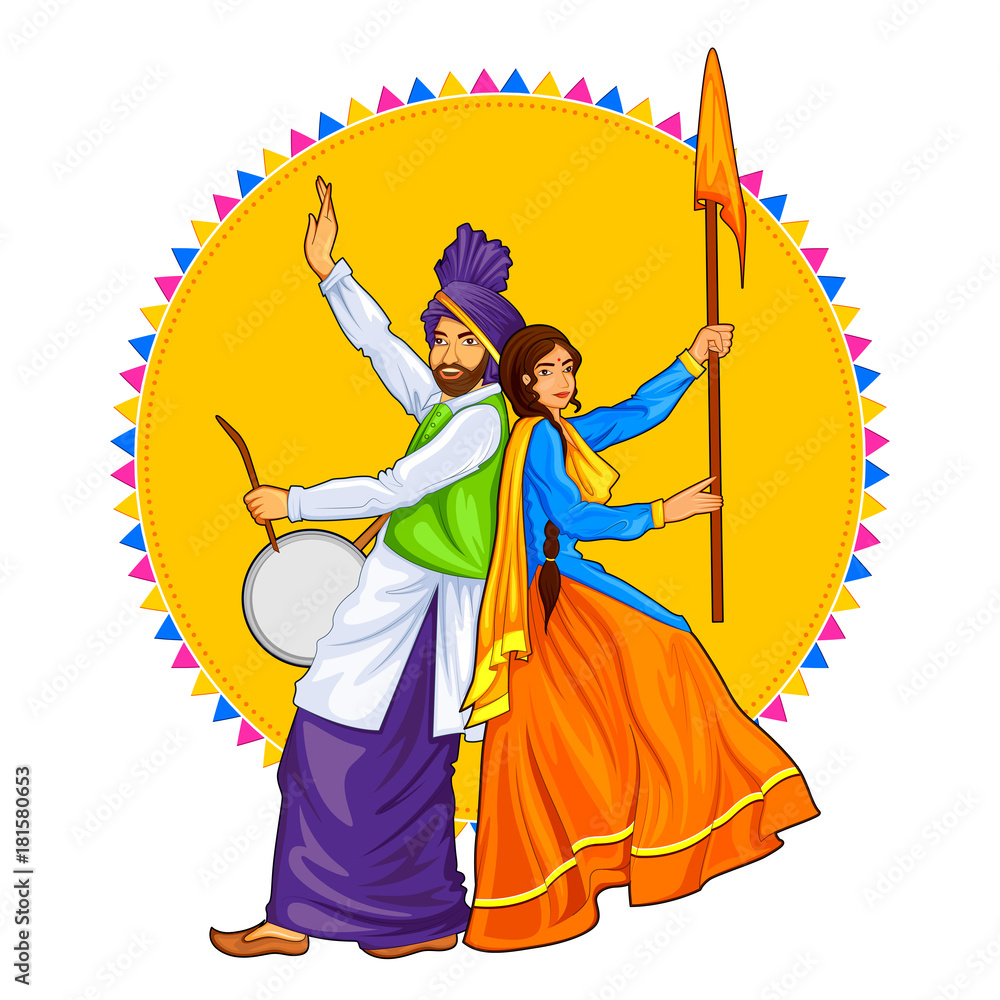 Sikh Punjabi Sardar couple playing dhol and dancing bhangra on holiday