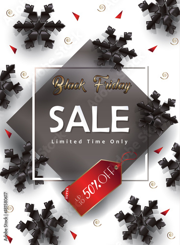 Black Friday Sale banners vector template, clip art, promo poster, advertising, sale discount voucher, hot sale gift card, hot deal price tag, snowflakes design, wallpaper.