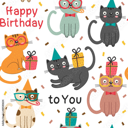 seamless pattern with Happy Birthday cats  - vector illustration, eps