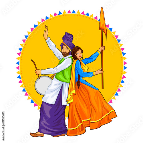 Sikh Punjabi Sardar couple playing dhol and dancing bhangra on holiday like Lohri or Vaisakhi