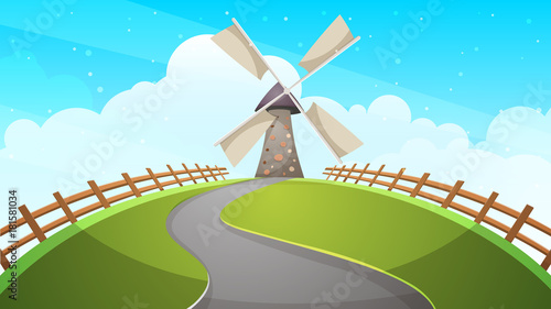 Mill, fence, road - cartoon illustration Vector eps 10
