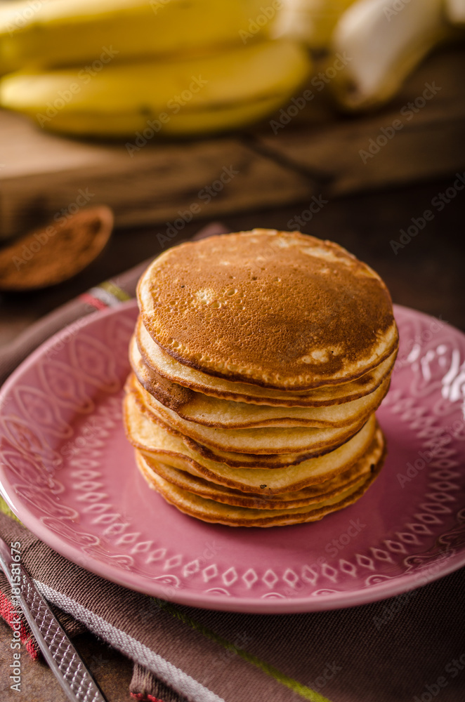 American pancakes with banana, chocolate American pancakes with banana, chocolate