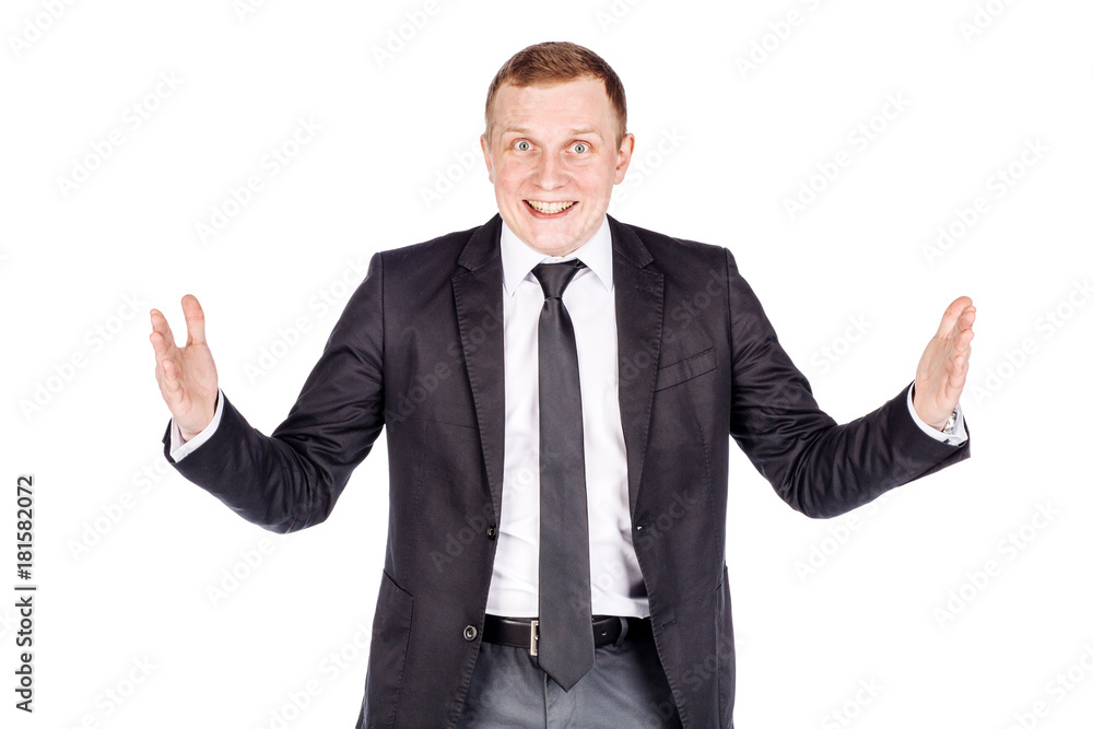 man holding two hands in front of him and shows the size on white isolated background in studio. man holding two hands in front of him and shows the size on white isolated background in studio.