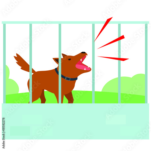 Noisy dog barking all the time in fence of neighbor vector illustration.