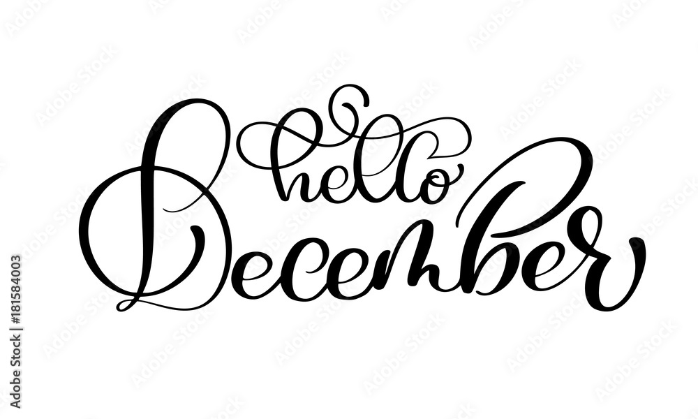 Hand drawn typography lettering phrase Hello December isolated on the white background. Fun brush ink calligraphy inscription for winter greeting invitation card or print design