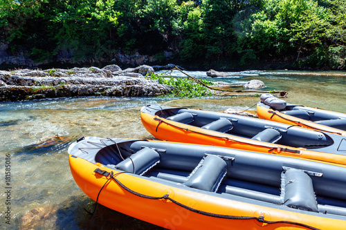 inflatable boat to transport tourists in Martvili canyon in Georgia. Beautiful natural canyon with view of the mountain river