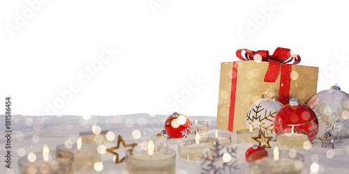 Red and white christmas gifts and baubles on snow 3D rendering