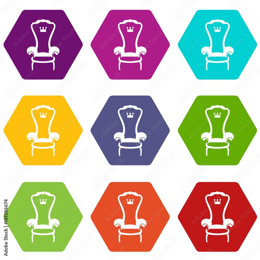 King throne chair icon set color hexahedron King throne chair icon set color hexahedron