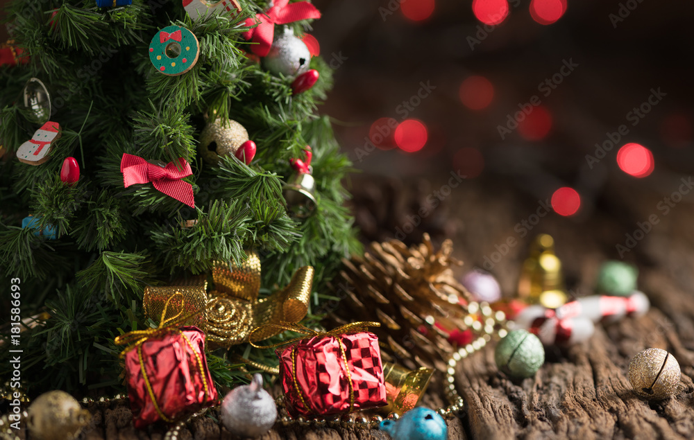 Christmas tree with gift on old wood and red light bokeh, Christmas tree with gift on old wood and red light bokeh,