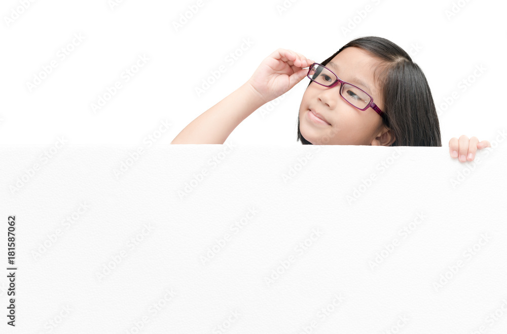 cute asian girl thinking with white board banner cute asian girl thinking with white board banner