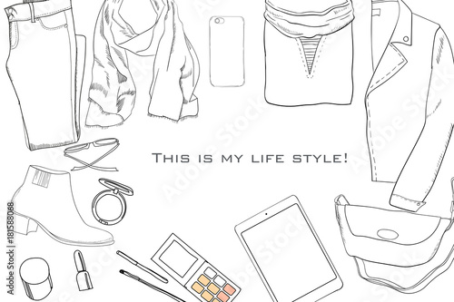 illustration of Hand drawn, doodle flat lay coordination. Feminine clothes and accessorize collage. Women trendy fashion. Top views. Template for blogger, social media.