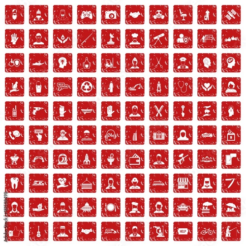 100 human resources icons set grunge red
