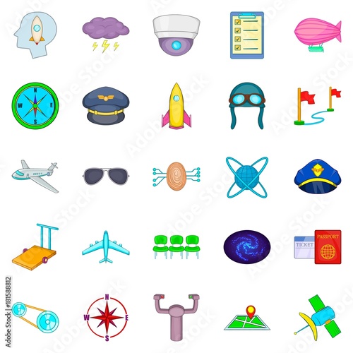 Air flight icons set, cartoon style