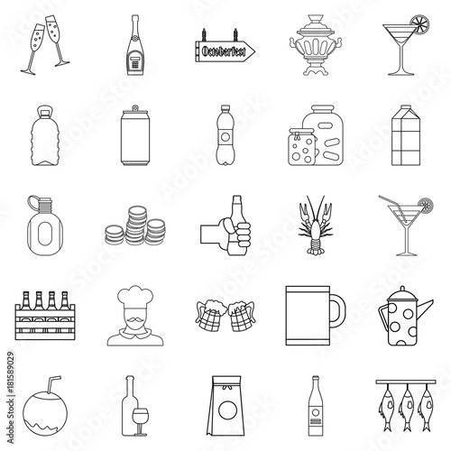 Alcohol icons set, outline style