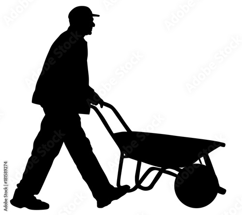 Construction worker with wheelbarrow vector silhouette illustration. Employee on farm.