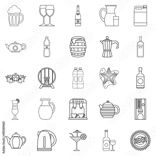 Flowing bowl icons set, outline style