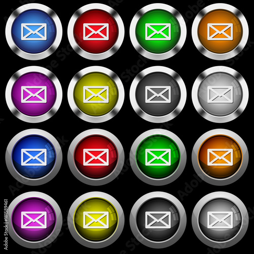 Message white icons in round glossy buttons on black background
