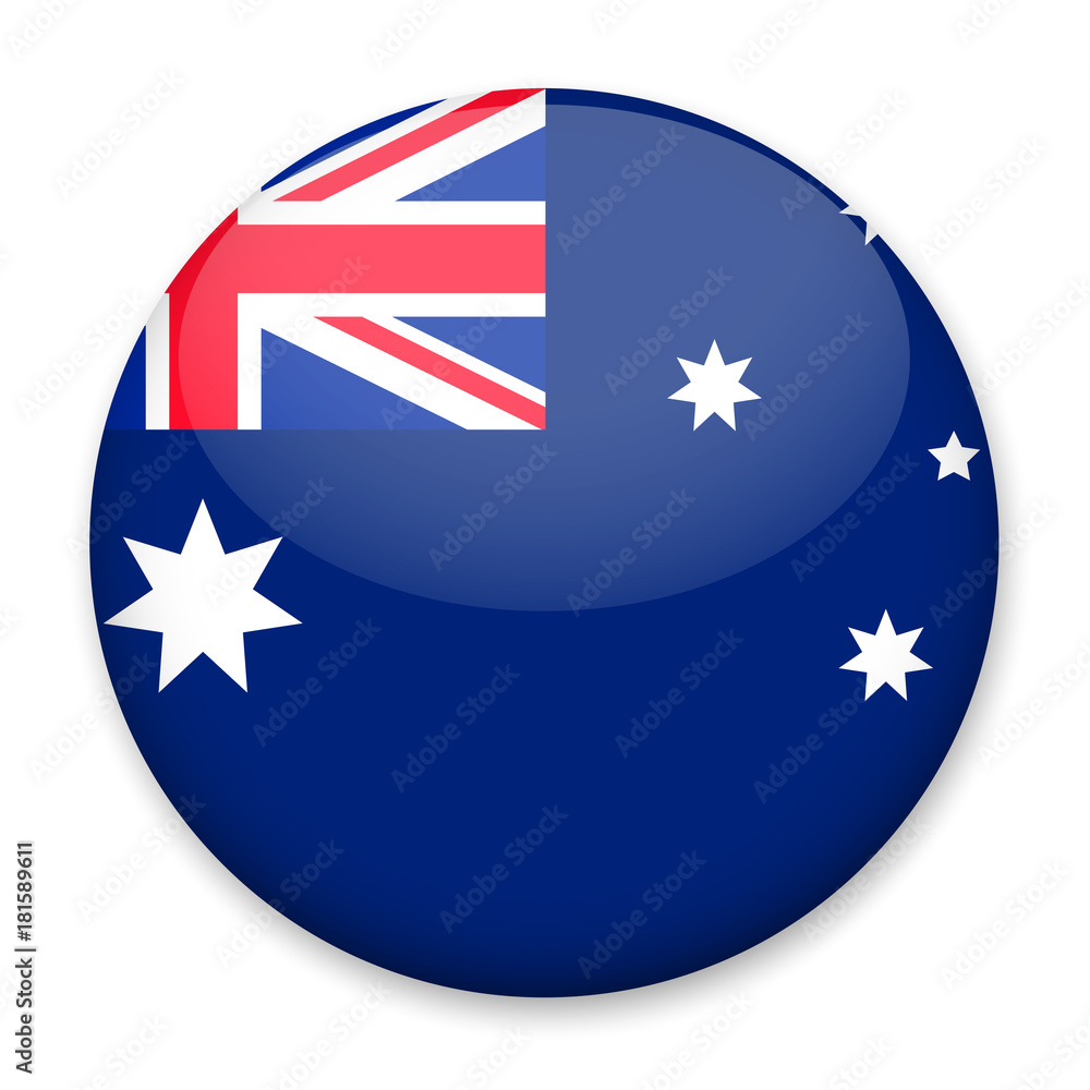 Flag of Australia in the form of a round button with a light glare and a shadow. The symbol of Independence Day, a souvenir, a button for switching the language on the site, an icon. Flag of Australia in the form of a round button with a light glare and a shadow. The symbol of Independence Day, a souvenir, a button for switching the language on the site, an icon.
