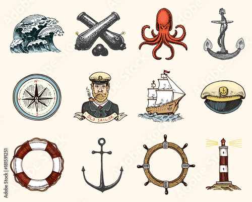 Marine and nautical or sea, ocean emblems. set of engraved vintage, hand drawn, old, labels or badges for a life ring, a cannon ball, a captain with a pipe. welcome aboard, two anchors, sailor.