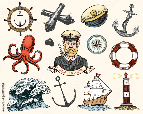 Marine and nautical or sea, ocean emblems. set of engraved vintage, hand drawn, old, labels or badges for a life ring, a cannon ball, a captain with a pipe. welcome aboard, two anchors, sailor.