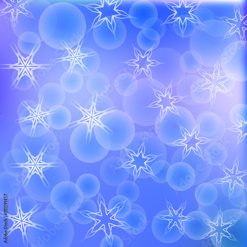 Bright bokeh background with abstract snowflakes. Vector, festive, shiny, defocused illustration. Blue color.