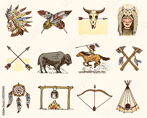 indian or native american. buffalo, axes and tent, arrows and bow, skull, Dreamcatcher and cherokee, tomahawk. set of engraved vintage, hand drawn, old, labels or badges.