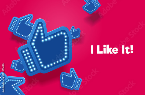 Icons like social network are falling down. Hand, big finger up on pink background. I like it!