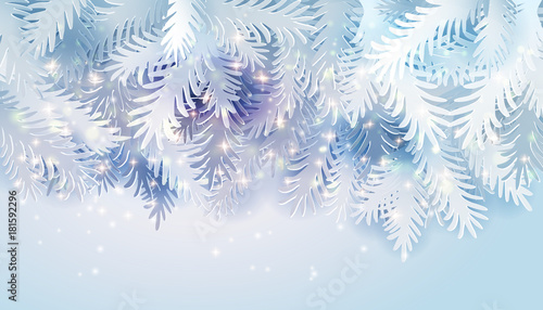 Realistic white paper art cut out pine, fir, spruce Christmas tree branches. Vintage horizontal banner, backgrond, poster decor, card. Vintage Holidays Vector illustartion fow happy New Year and Xmas