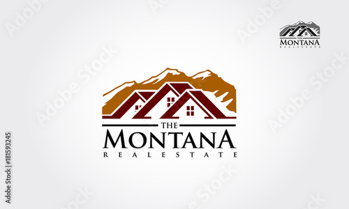 Logo for the resort in the mountains or a real estate agency specializing in cottage settlements. Realty construction architecture symbol. Real estate vector logo illustration