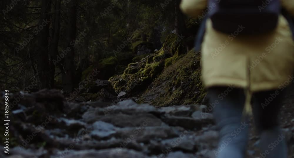 Back view of Caucasian female hipster hiker walking on a rocky mountain trail to the top, morning shot. 4K UHD 60 FPS SLO MO Back view of Caucasian female hipster hiker walking on a rocky mountain trail to the top, morning shot. 4K UHD 60 FPS SLO MO