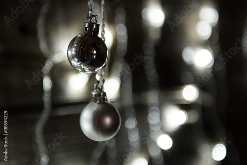 Merry Christmas background. Christmas decorations with traditional ornaments and atmospheric light.