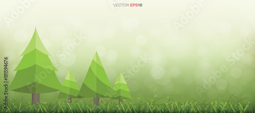 Abstract tree in green grass field with light blurred bokeh background. Vector illustration.