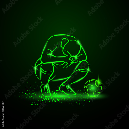 Loser soccer player squatted on his haunches and lowered his head. Green neon sport illustration.