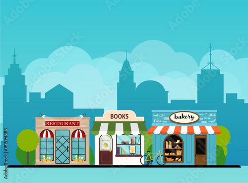 Urban landscape book shop, bakery, restaurant.  Flat design modern vector illustration concept.