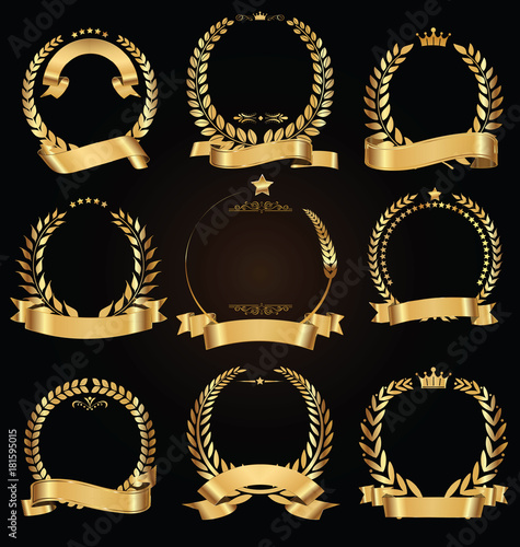 Golden laurel wreath with golden ribbon vector collection