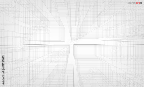 Abstract visual zoom background of 3D geometric wireframe render. Vector illustration.