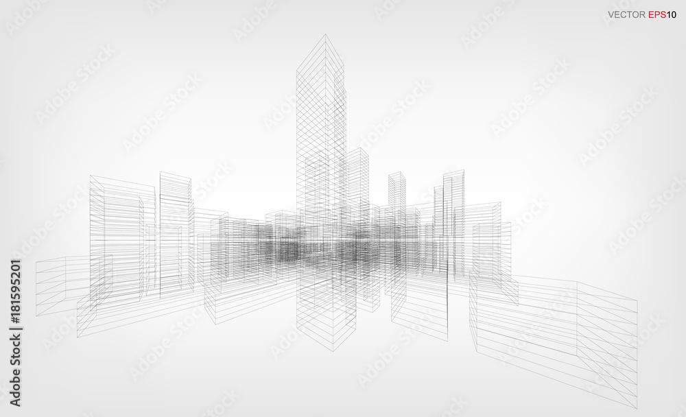 Perspective 3D render of building wireframe. Vector wireframe city