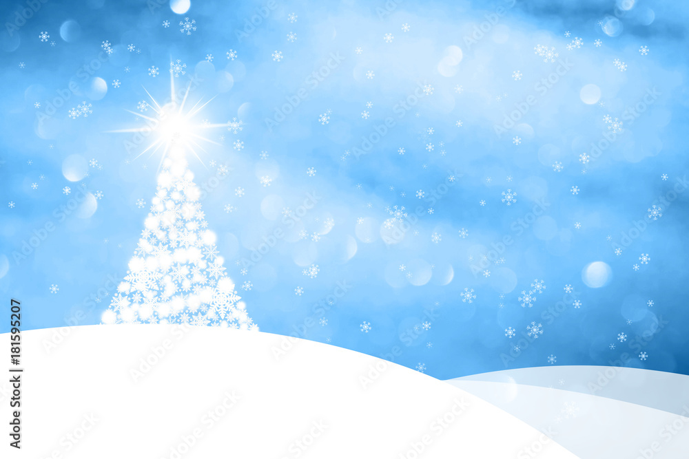 Winter landscape with abstract hills, Christmas tree and sparkle. Happy New year greeting card copy space illustration.