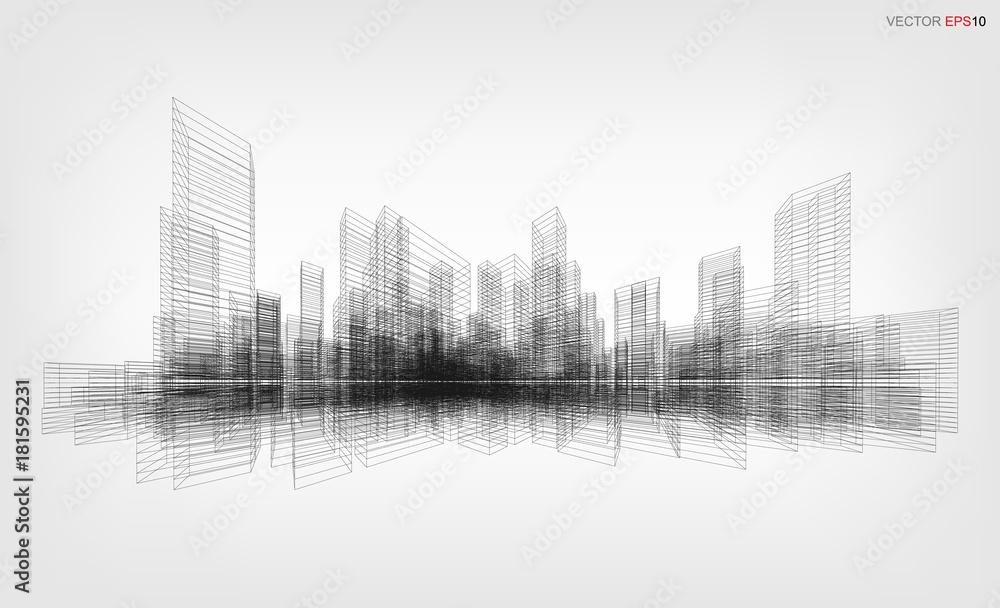 Perspective 3D render of building wireframe. Vector wireframe city background of building.