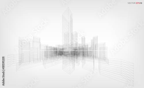 Fototapeta Naklejka Na Ścianę i Meble -  Perspective 3D render of building wireframe. Vector wireframe city background of building.