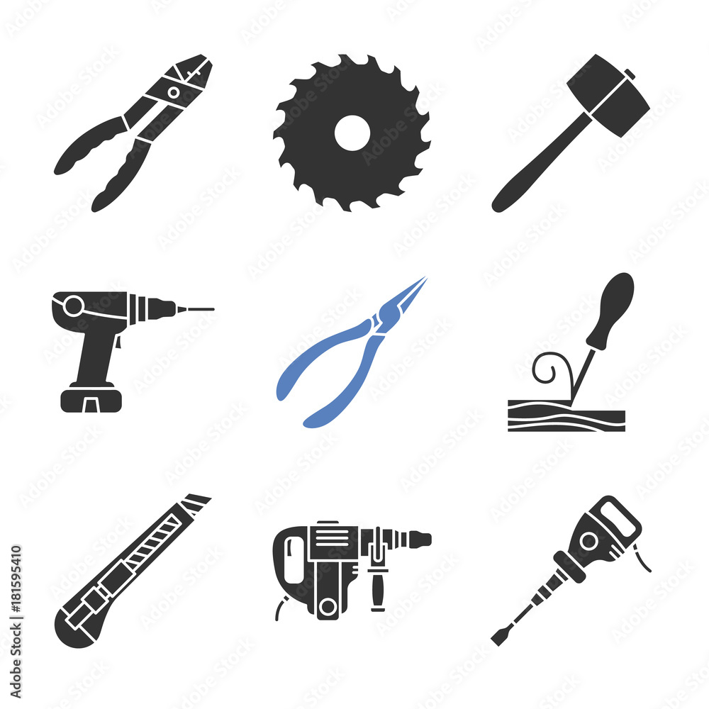 Fototapeta premium Construction tools glyph icons set
