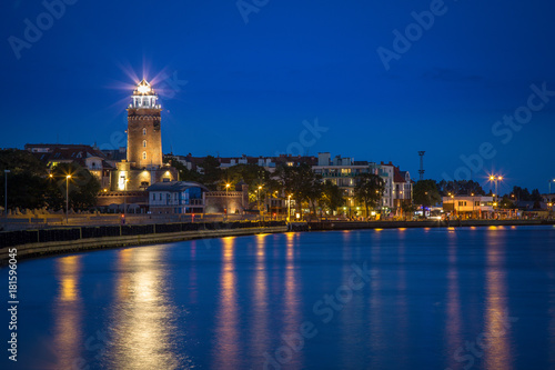 Lighthouse in Baltic coast during blue hour.