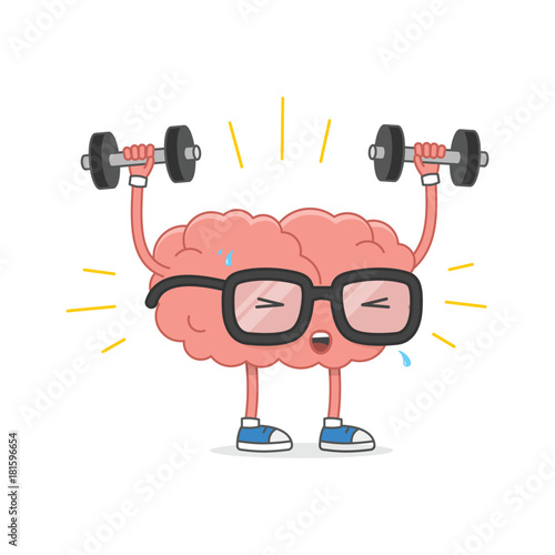 Brain training vector illustration. Cartoon brain with glasses lifting weights, isolated on white background.