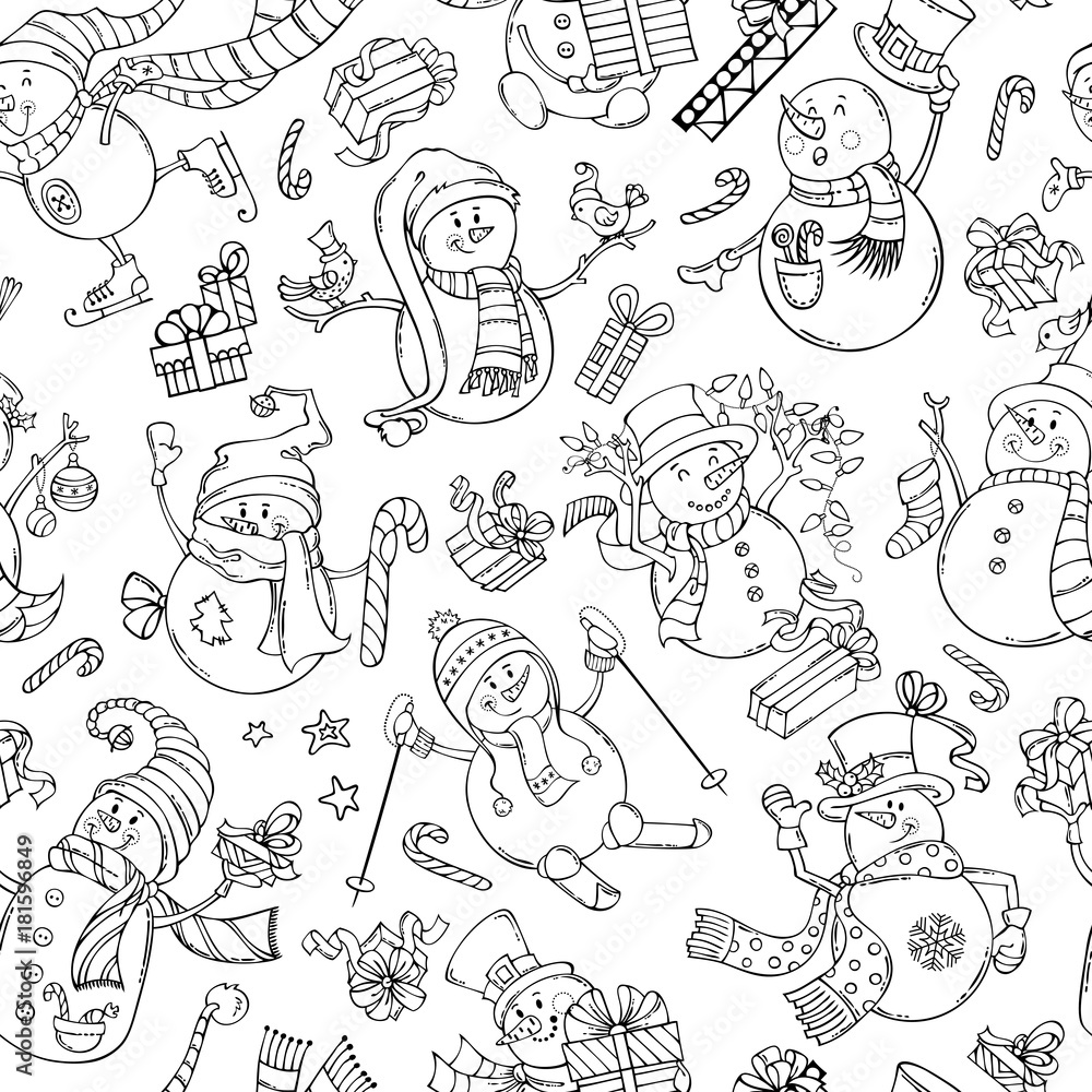 Fototapeta premium Vector seamless pattern of doodles snowmen.