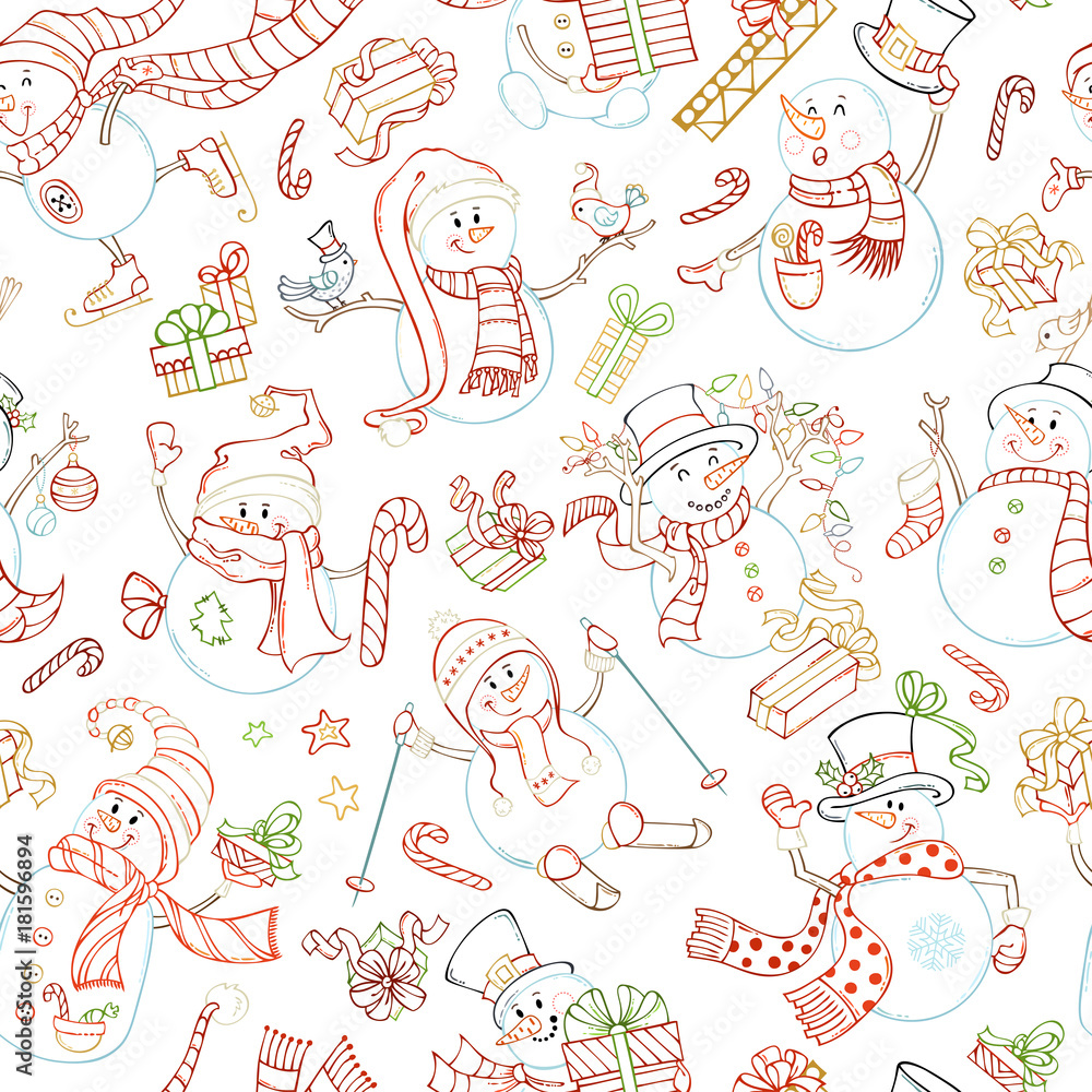 Seamless pattern of cute snowmen.