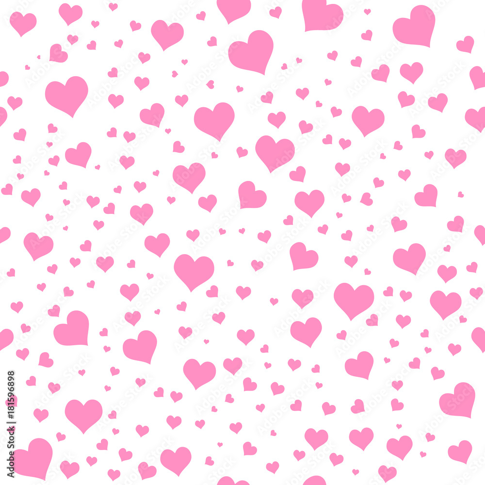 Color hearts on white background. Vector chaotic seamless pattern. Pink big and small hearts. Bright pattern with hearts for fabric or design project.